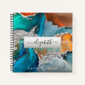 Carnet Agate aquarelle argent turquoise orange carré (Devant)