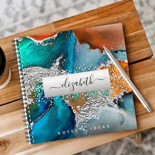 Carnet Agate aquarelle argent turquoise orange carré
