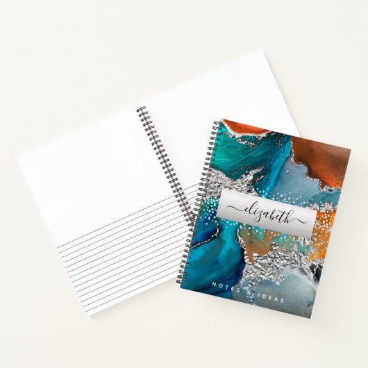 Carnet Agate aquarelle argent turquoise orange script (Intérieur)