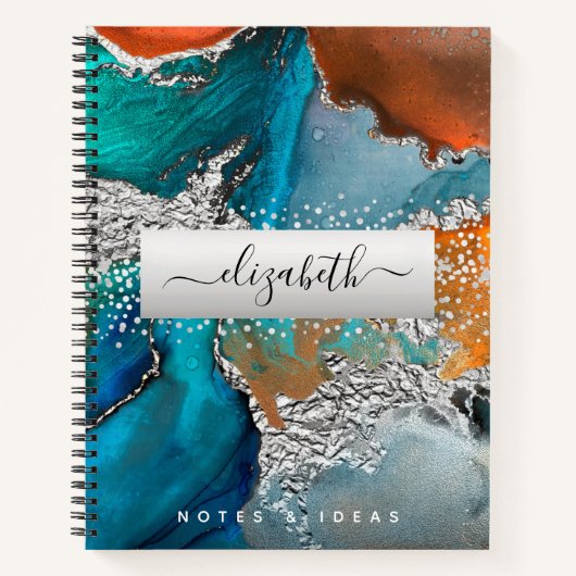 Carnet Agate aquarelle argent turquoise orange script (Devant)