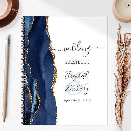 Carnet Agate Geode Script Marine Blue Gold Mariage invité
