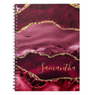 Carnet Agate Marbre Paillettes Rouge et Or Faux