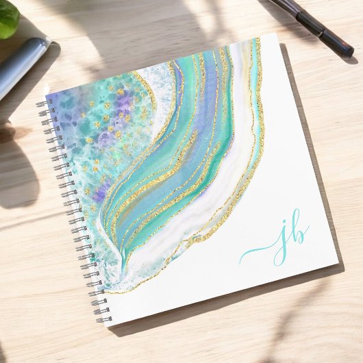 Carnet Agate moderne Aqua Purple Gold avec Monogramme