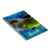 Carnet Agate Paon Pailleté Bleu, Vert et Or (Côté Droit)
