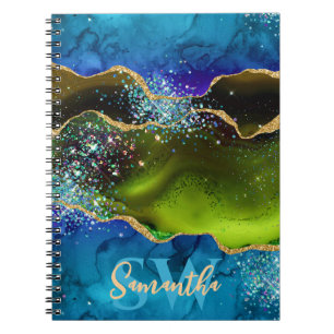 Carnet Agate Paon Pailleté Bleu, Vert et Or