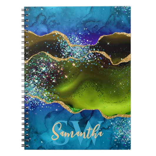 Carnet Agate Paon Pailleté Bleu, Vert et Or (Devant)