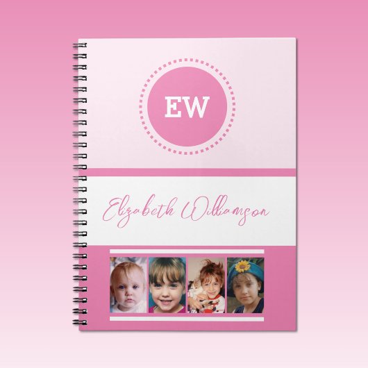 Carnet Ajouter initiales nom 4 photos blanc rose