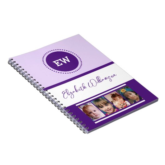 Carnet Ajouter initiales nom 4 photos blanc violet (Côté Droit)