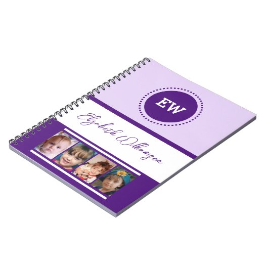 Carnet Ajouter initiales nom 4 photos blanc violet (Côté gauche)