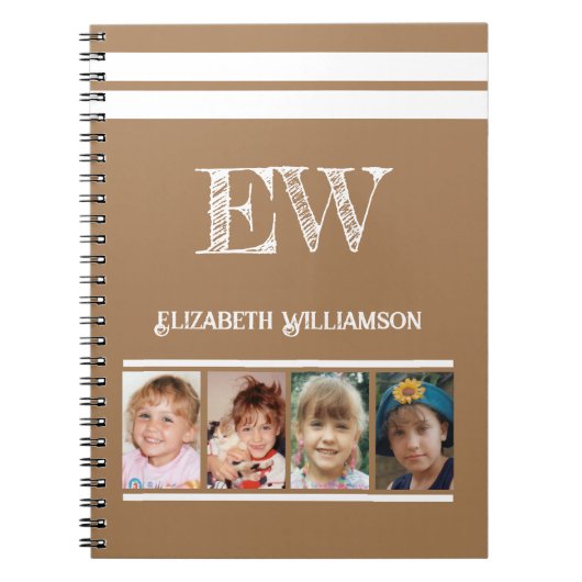Carnet Ajouter initiales nom 4 photos brun blanc (Devant)