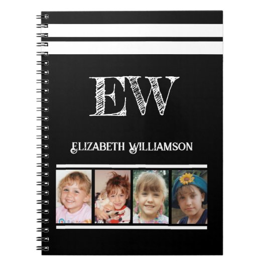 Carnet Ajouter initiales nom 4 photos noir blanc (Devant)