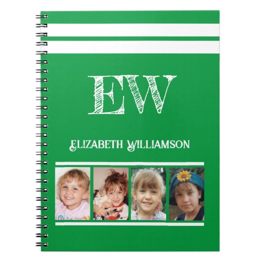 Carnet Ajouter initiales nom 4 photos vert blanc (Devant)