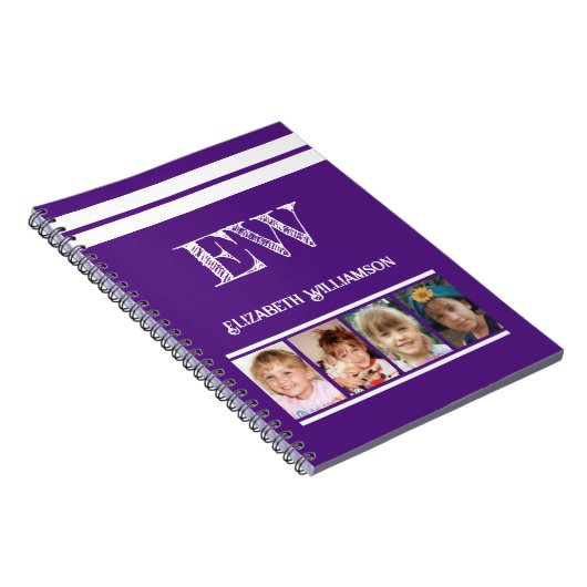 Carnet Ajouter initiales nom 4 photos violet blanc (Côté Droit)