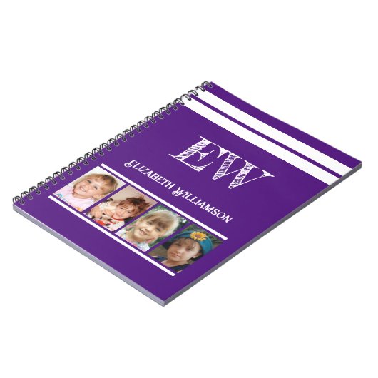 Carnet Ajouter initiales nom 4 photos violet blanc (Côté gauche)