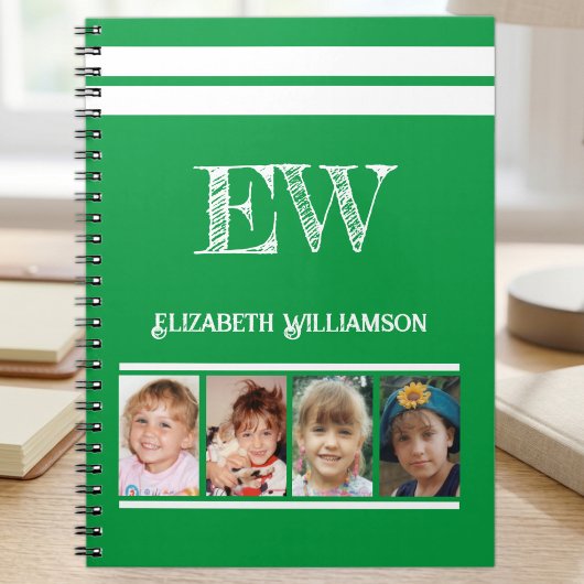 Carnet Ajouter les initiales nom 4 photos vert blanc