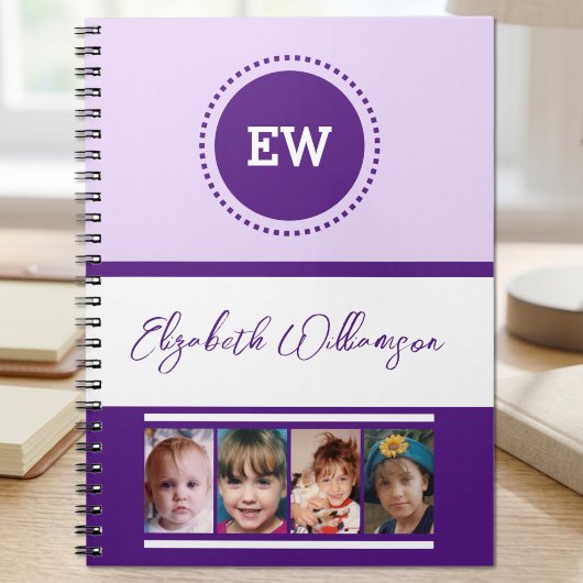 Carnet Ajouter nom initiales 4 photos blanc violet