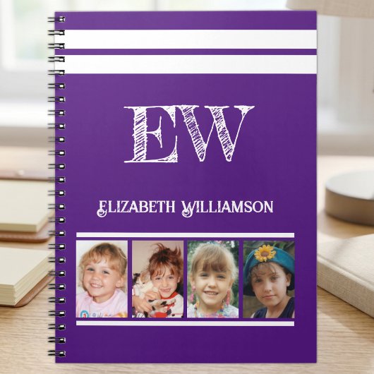 Carnet Ajouter nom initiales 4 photos violet blanc