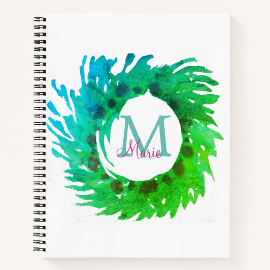 Carnet Ajouter une couronne de Noël vert rose monogramme (Devant)