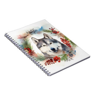 Carnet Alaskan Malamute Festive de la couronne de Noël