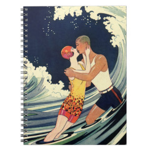 Carnet Amants Art Déco vintage s'embrassant dans les vagu