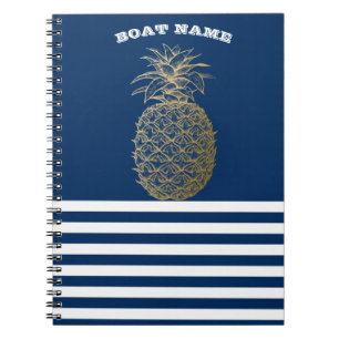 Carnet Ananas doré nautique rayé bleu marine