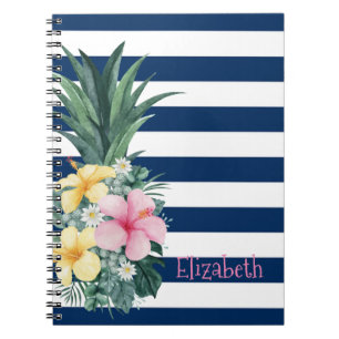 Carnet Ananas Fleurs Tropicales Rayures Bleu Marine