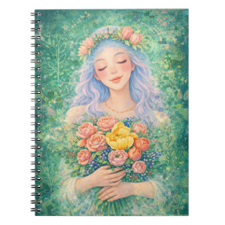 Carnet Ange rêveur avec fleurs – Douce fantaisie verte