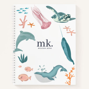 Carnet Animaux marins de l'océan à l'aquarelle Monogramme