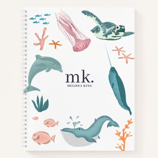 Carnet Animaux marins de l'océan à l'aquarelle Monogramme (Devant)