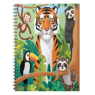 Carnet Animaux mignons enfants Jungle Tigre Singe Oiseau