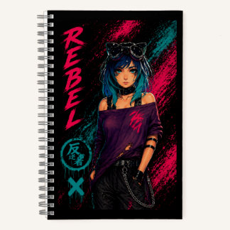 Carnet Anime Girl Cyberpunk Neon Black