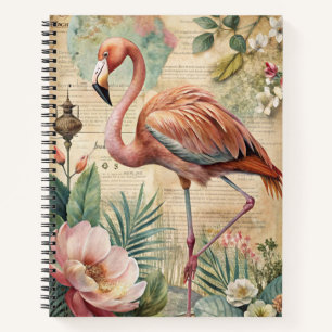 CARNET APPARENCE VINTAGE ANTIQUE FLAMANT ROSE & FLEURS