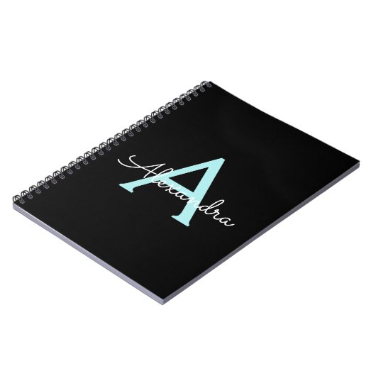 Carnet Aqua Teal Blue Script Girly Monogram (Côté gauche)