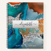 Carnet Aquarelle agate argent turquoise orange écriture (Devant)