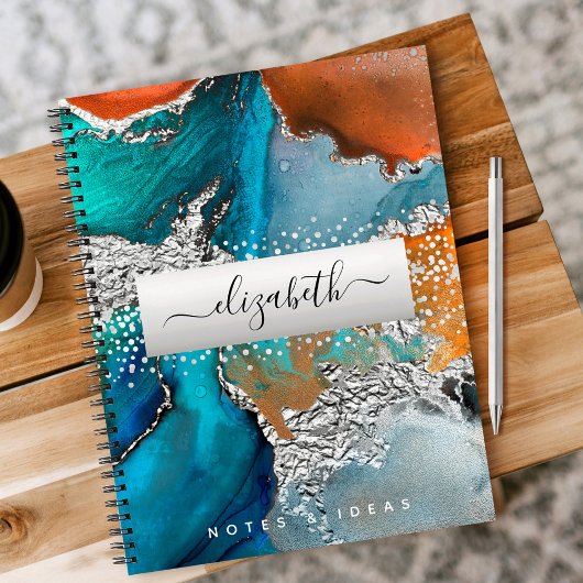 Carnet Aquarelle agate argent turquoise orange écriture