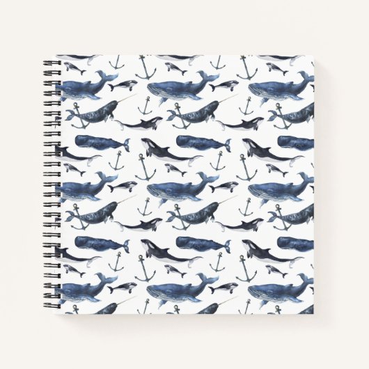 Carnet Aquarelle Baleine et Motif d'Ancres (Devant)