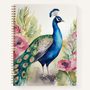 Carnet aquarelle beau paon parmi les fleurs