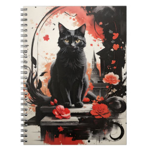 Carnet Aquarelle Black Chat Splatter Art Fleurs rouges