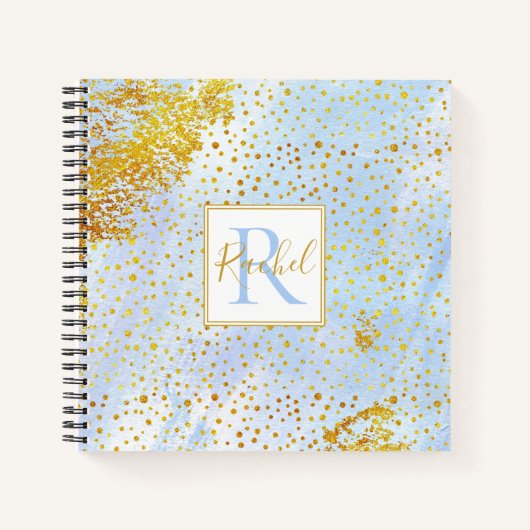 Carnet Aquarelle bleu clair, monogramme de confetti or (Devant)