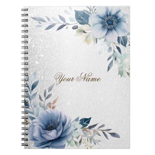 Carnet Aquarelle bleu foncé Fleurs Argent Élégant (Devant)