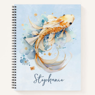 Carnet Aquarelle bleu or Koi poisson personnalisé