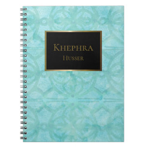 Carnet Aquarelle bleu turquoise Noir Et Or Nom