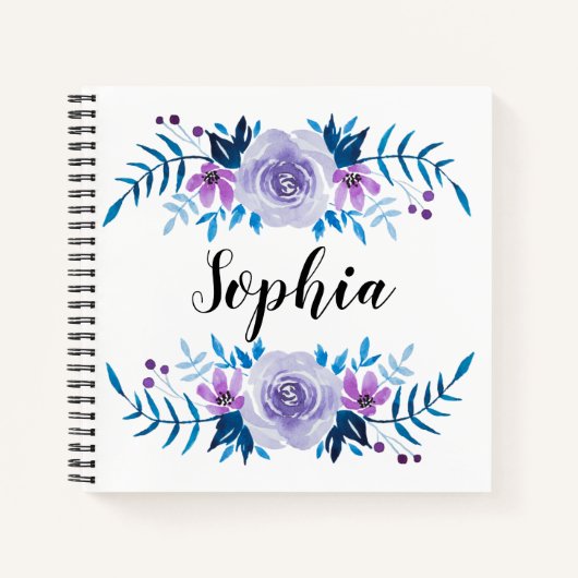 Carnet Aquarelle bleu violet couronne florale Texte perso (Devant)
