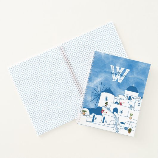 Carnet Aquarelle bleue et blanche Santorin Grèce Monogram (Intérieur)