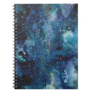 Carnet Aquarelle bleue Galaxie Espace étoiles Initiales