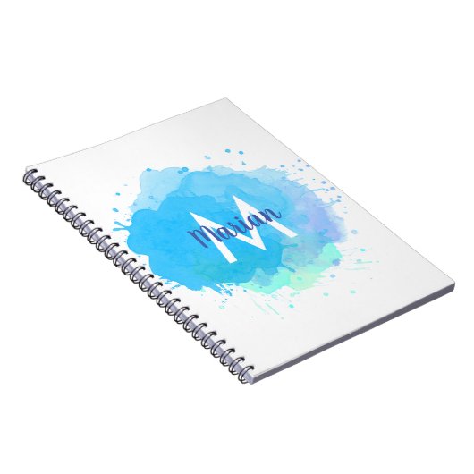 Carnet Aquarelle bleue Nom du monogramme Abstrait (Côté Droit)