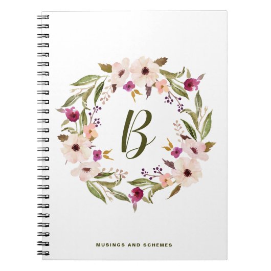 Carnet Aquarelle Bohème Floral Wreath Monogramme (Devant)