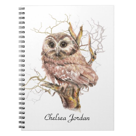 Carnet Aquarelle Cute Saw Whet Owl Bird Nom personnalisé (Devant)
