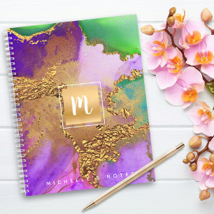 Carnet Aquarelle de marbre or violet aqua vert monogramme