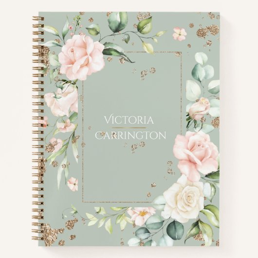 Carnet Aquarelle dorée Sage Green Floral Personnalisé (Devant)